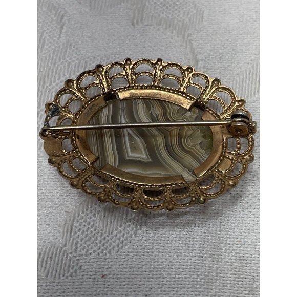 Beautiful Vintage Agate Brooch Grays Black White Stripes READ - Picture 2 of 5